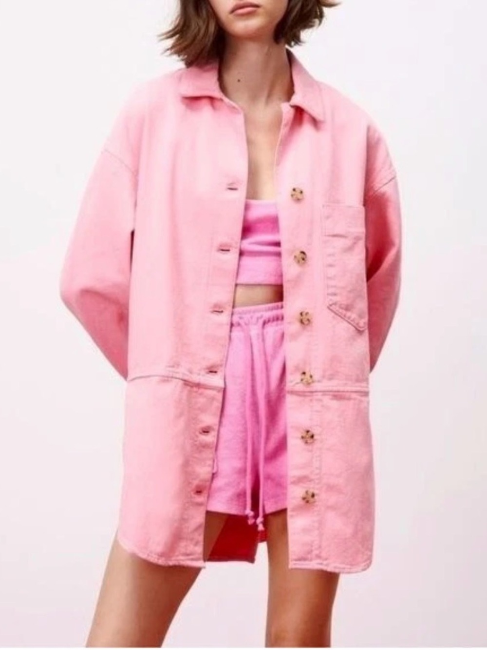 Women's ZARA Pink Oversized Button-Front Cotton Shacket Size S
